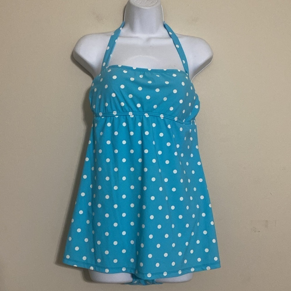 Talbots Blue Polka Dot Halter Swimsuit women 12 beach vacation resort Y2K retro